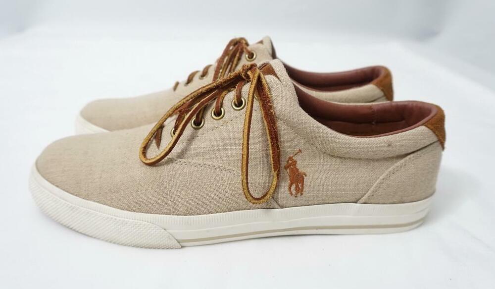 POLO RALPH LAUREN VAUGHN 10.5 KHAKI CANVAS/LEATHER SKATEBOARDING STYLE SNEAKERS